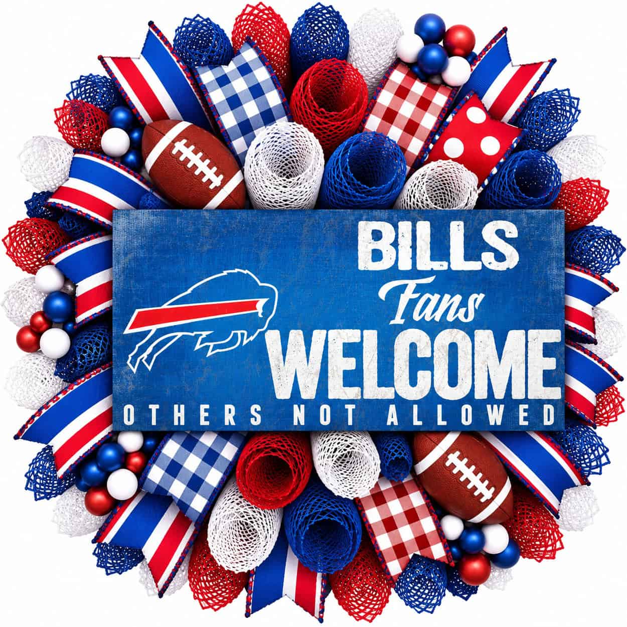 Buffalo Bills Fans Welcome Football Wreath-AI Buffalo Bills football wreath featuring a Fans Welcome sign