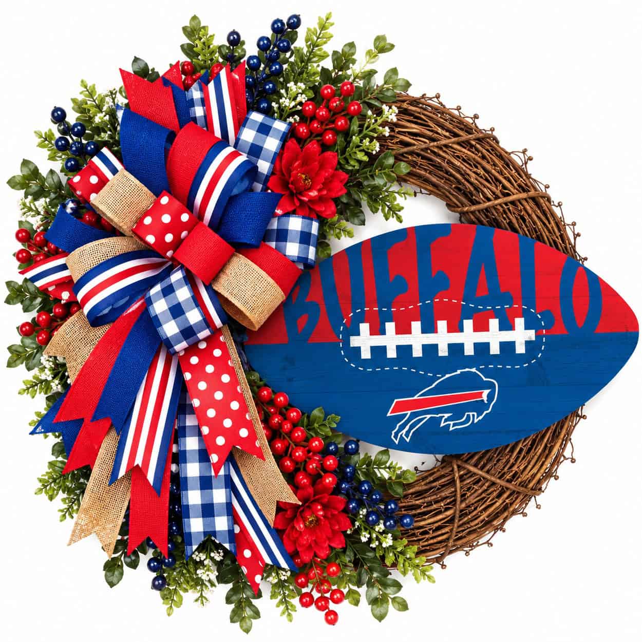 Buffalo Bills football grapevine wreath with coordinating team-color
ribbon