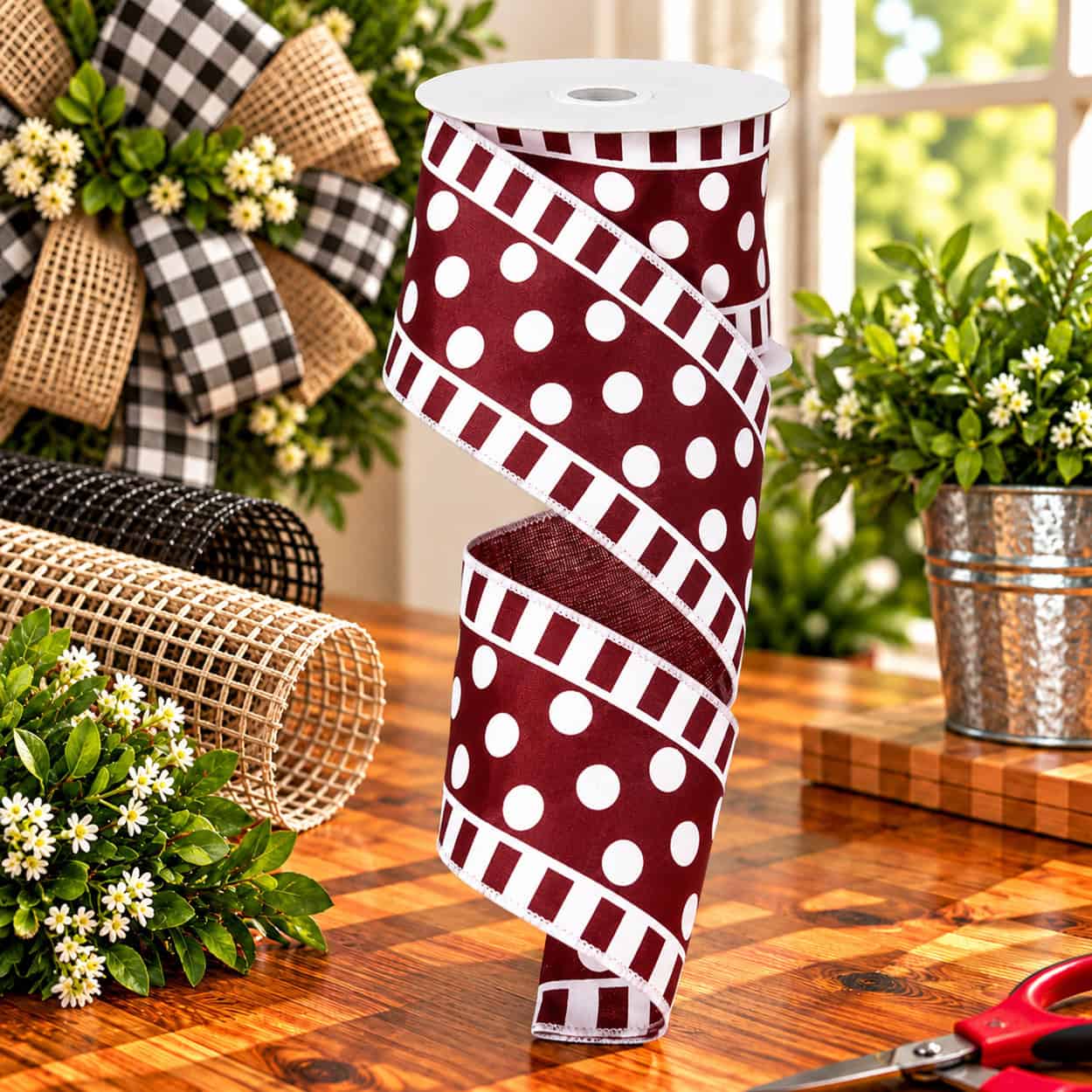 Burgundy White Polka Dot Striped Ribbon Lifestyle RG01369CX
