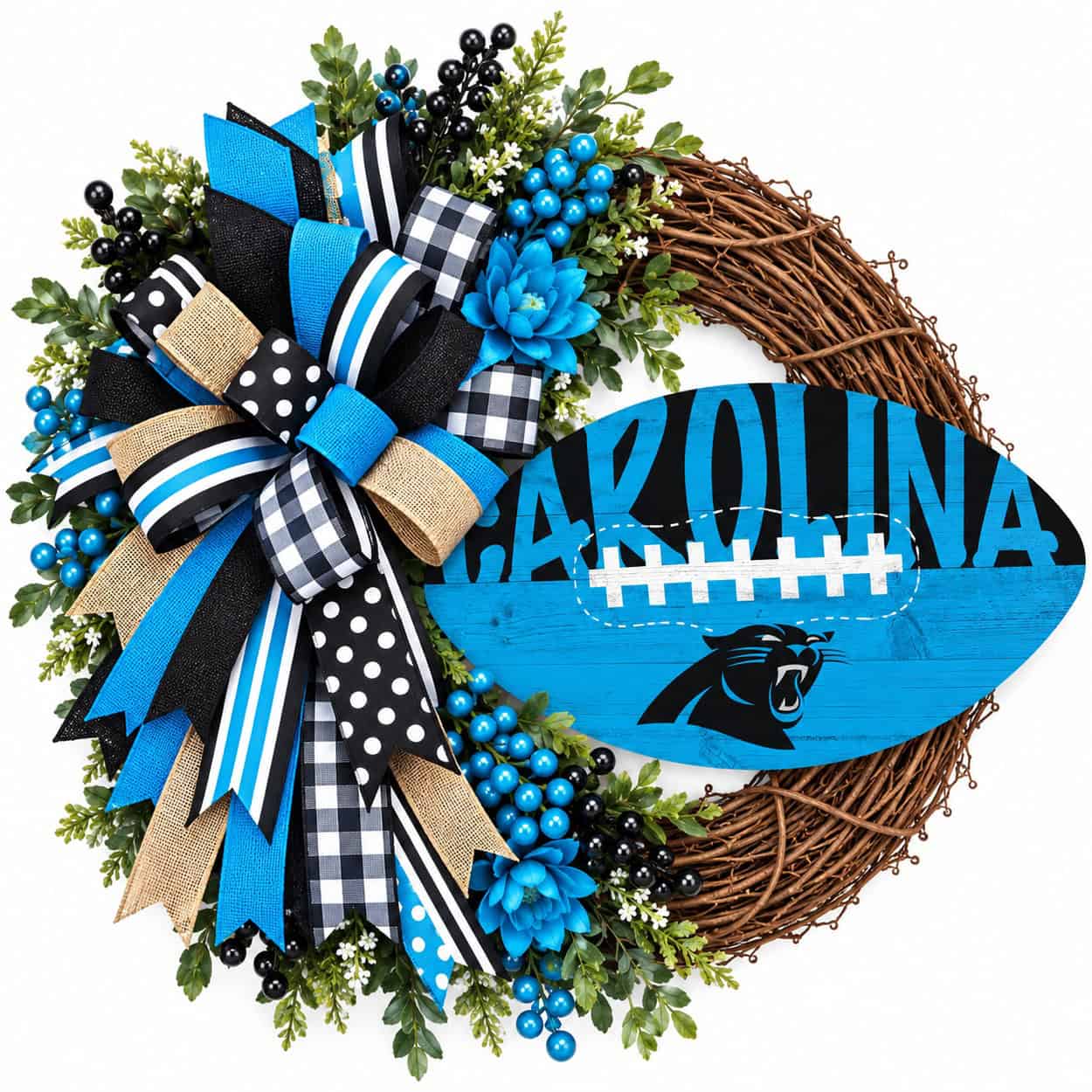 Carolina Panthers Football Grapevine Wreath-AI Carolina Panthers football grapevine wreath with coordinating team-color ribbon
