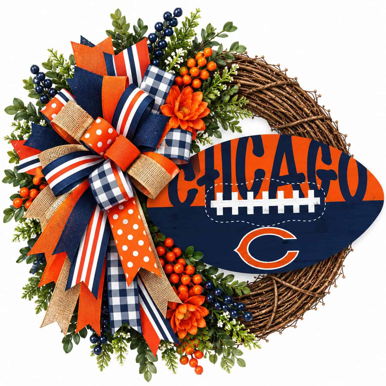 Chicago Bears football grapevine wreath with coordinating team-color ribbon