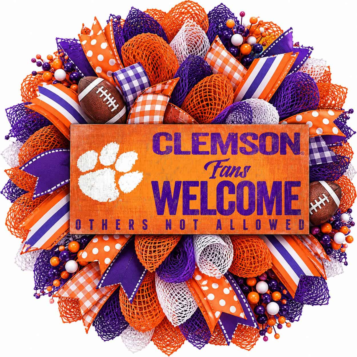 Clemson football wreath featuring a Fans Welcome sign