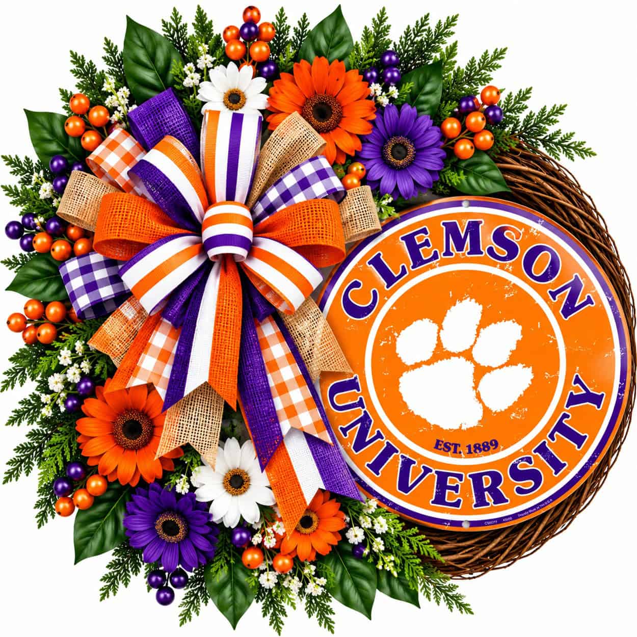 Clemson Round Metal Sign on a grapevine wreath