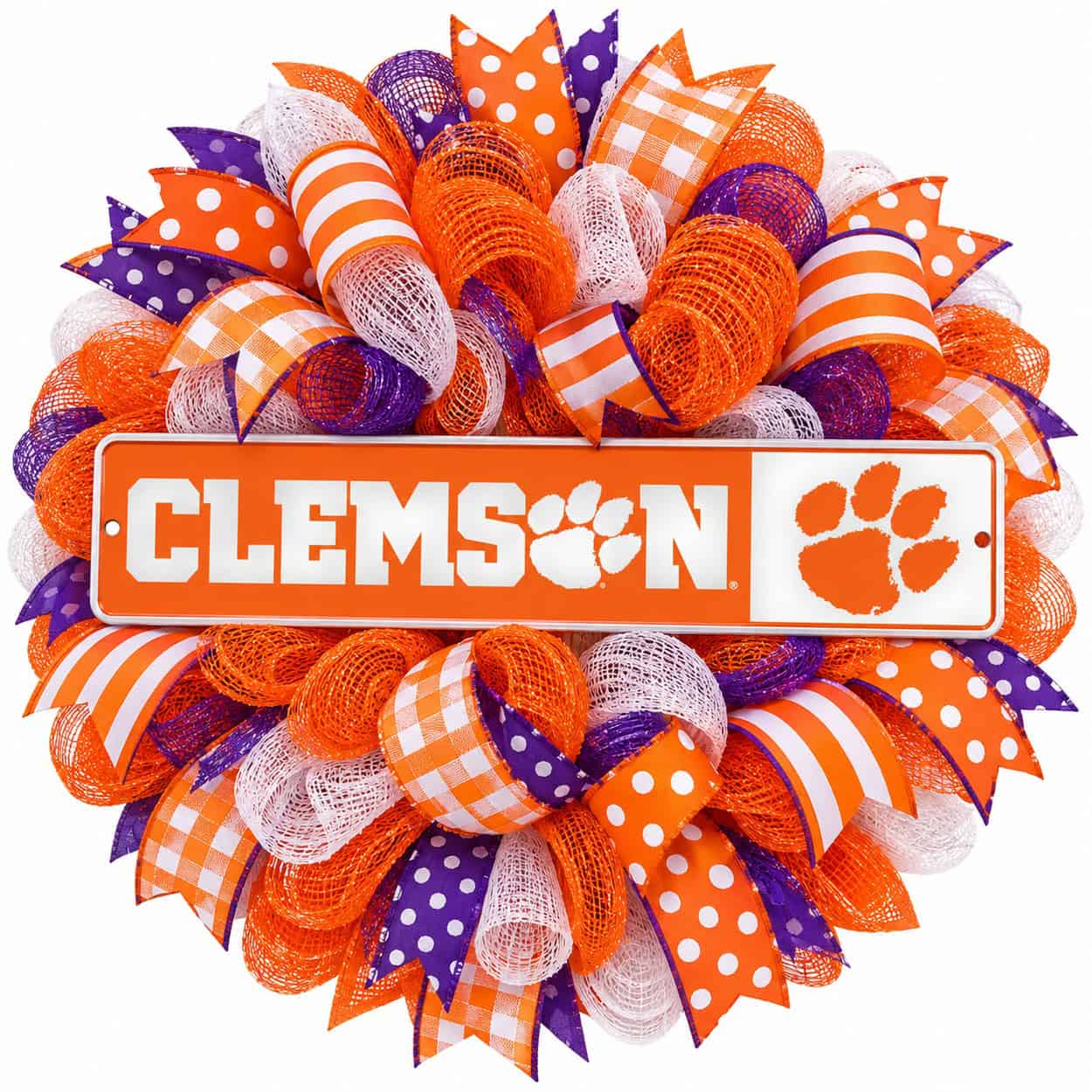 Clemson Rectangle Sign Metal on a deco mesh wreath