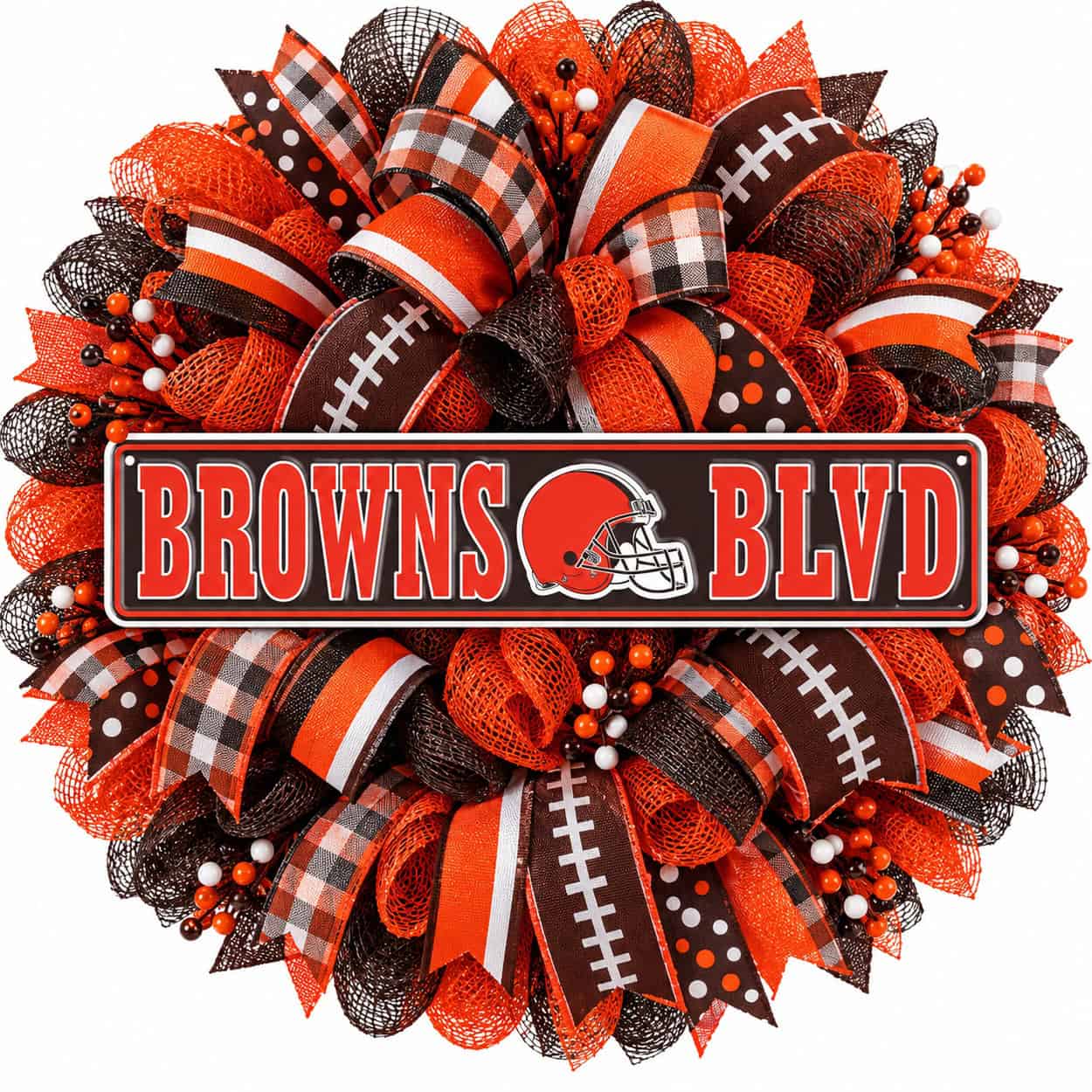 Cleveland Browns Rectangle Sign Metal on a deco mesh wreath