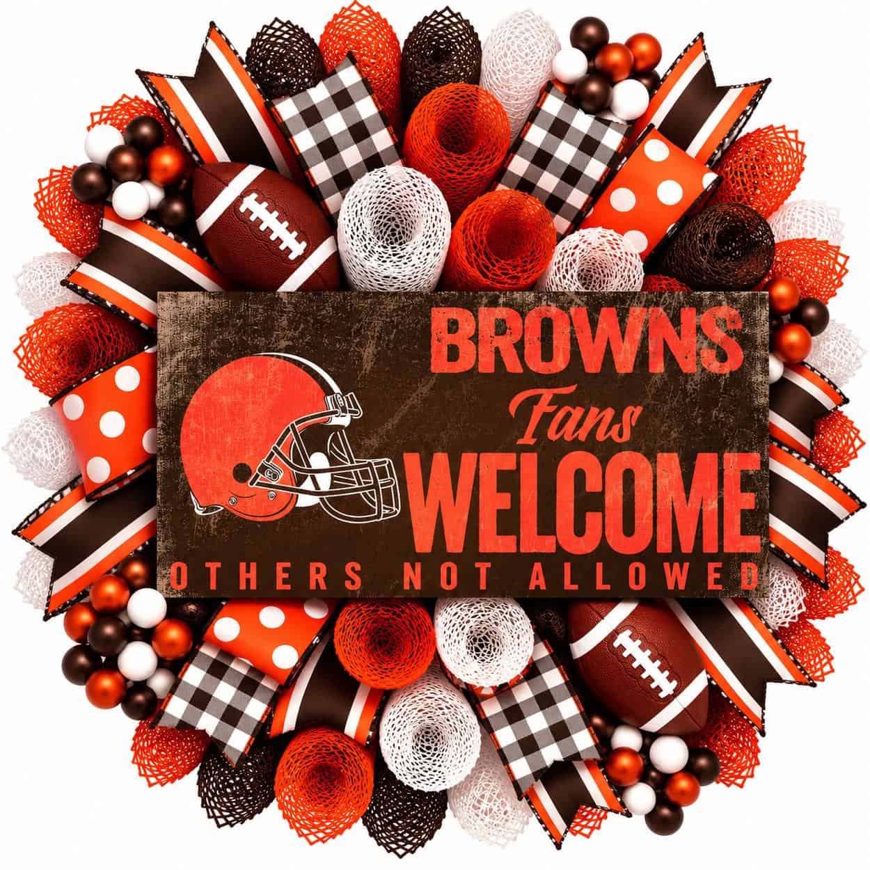 Cleveland Browns football wreath featuring a Fans Welcome sign