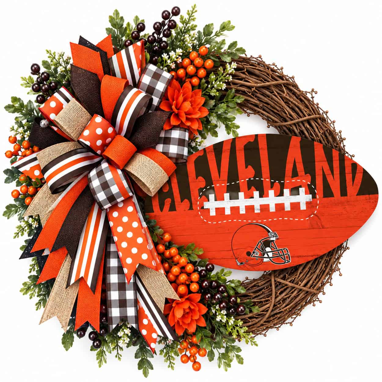 Cleveland Browns football grapevine wreath with coordinating team-color ribbon