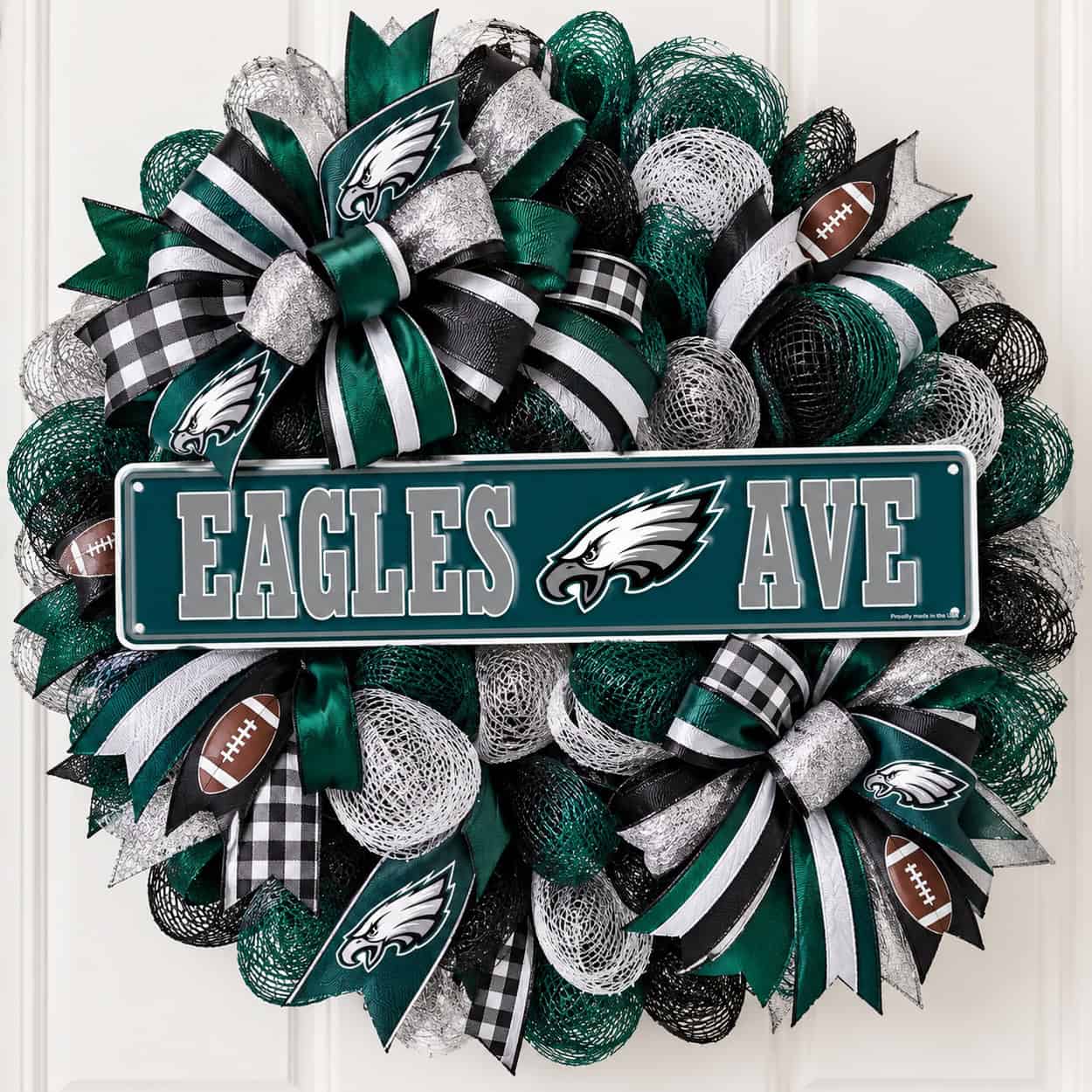 Philadelphia Eagles Rectangle Sign Metal on a deco mesh wreath