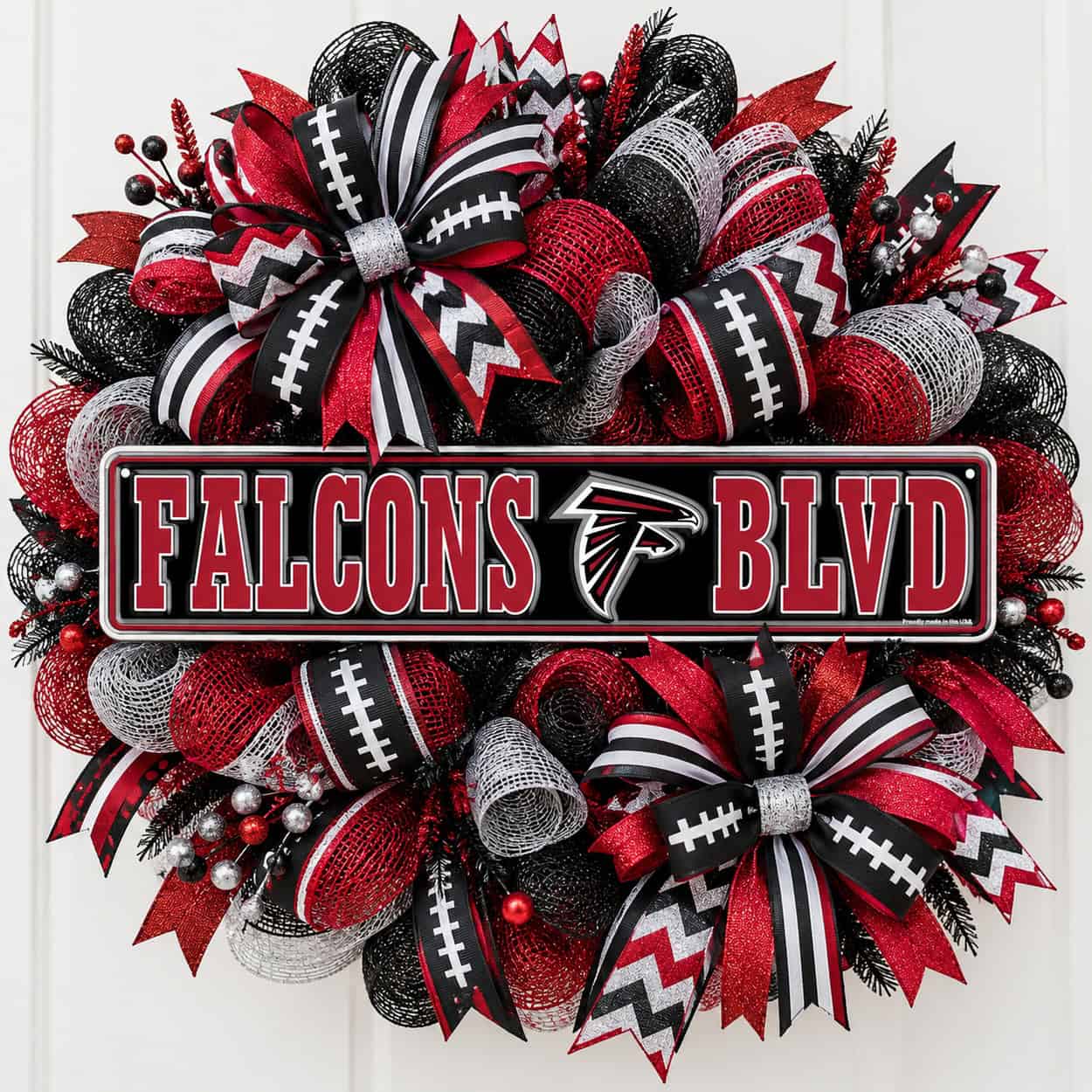 Atlanta Falcons Rectangle Sign Metal on a deco mesh wreath