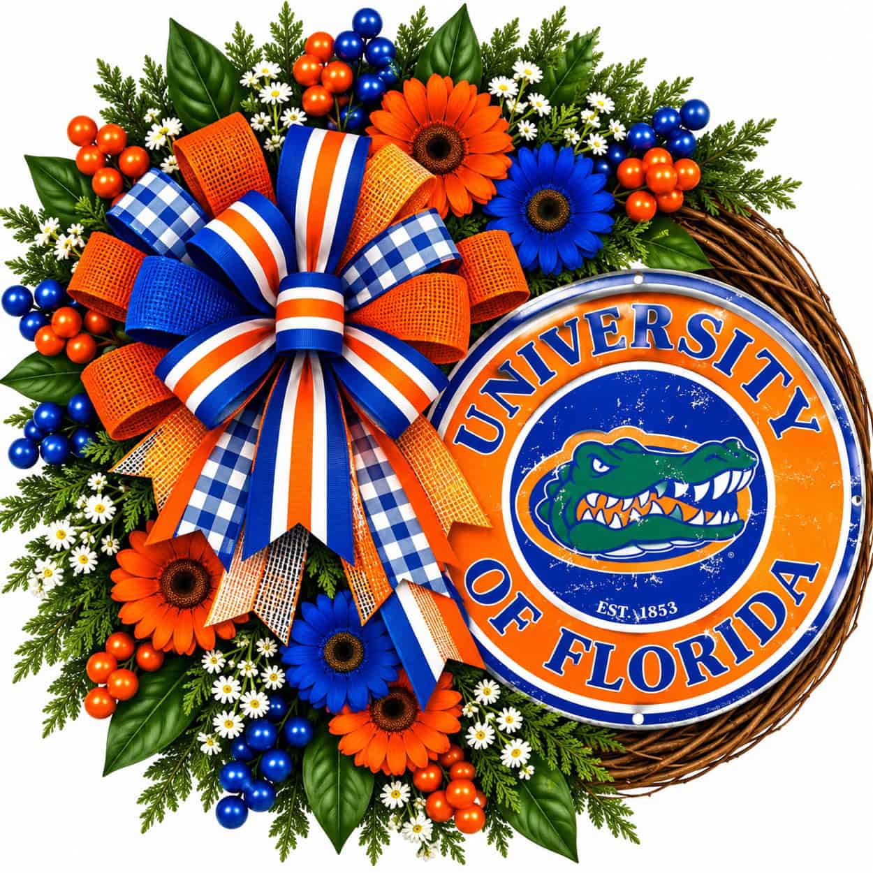 Florida Gators Round Metal Sign on a grapevine wreath