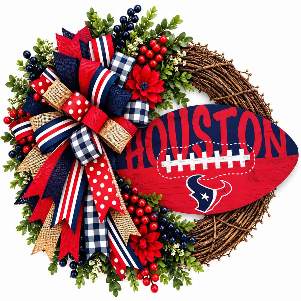 Houston Texans football grapevine wreath with coordinating team-color ribbon