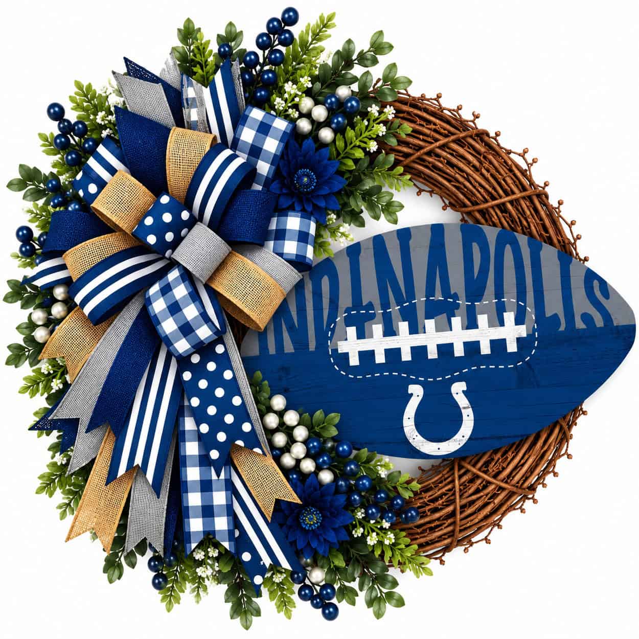 Indianapolis Colts football grapevine wreath with coordinating team-color ribbon