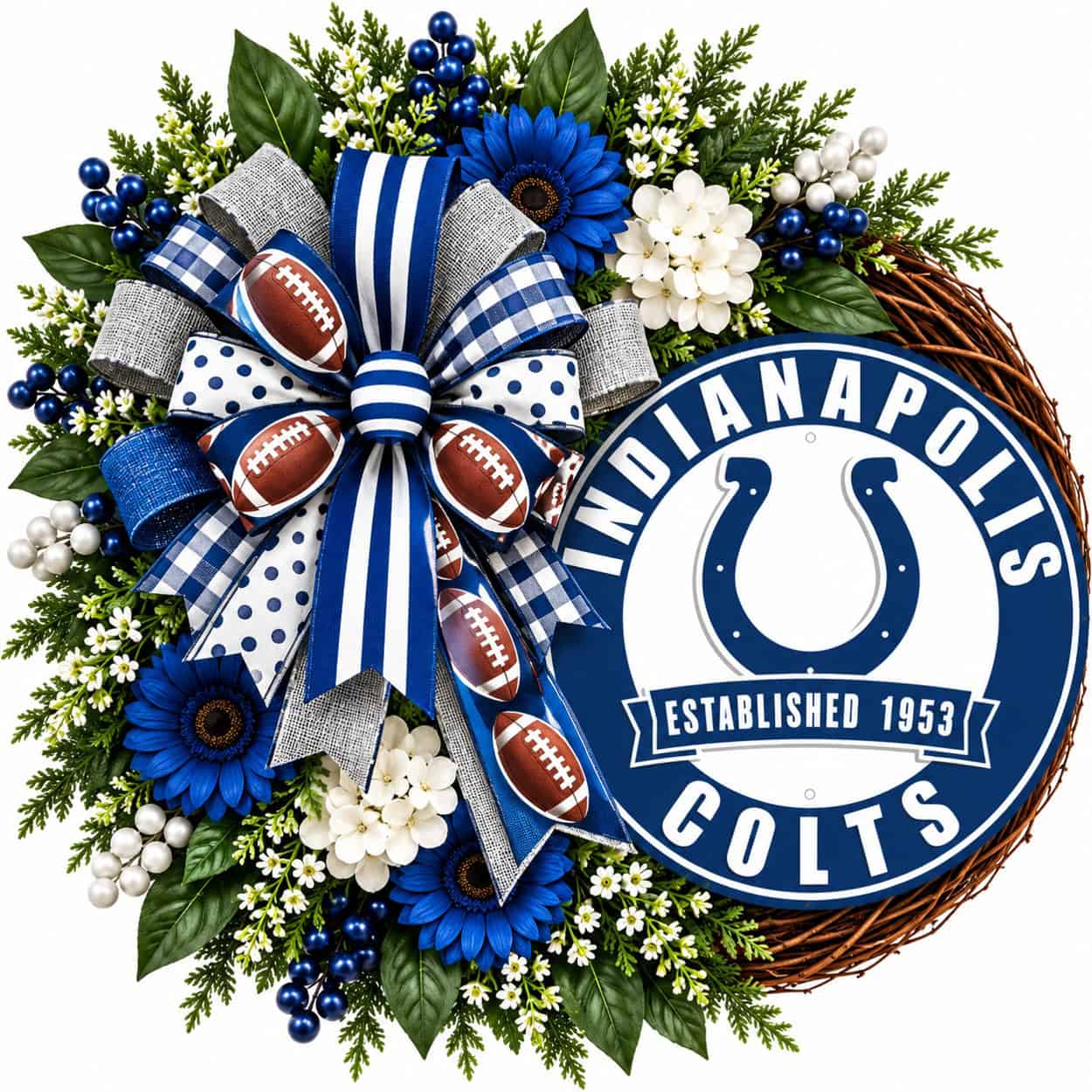 Indianapolis Colts Round Metal Sign on a grapevine wreath