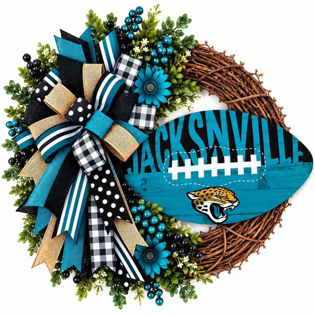 Jacksonville Jaguars football grapevine wreath with coordinating team-color ribbon