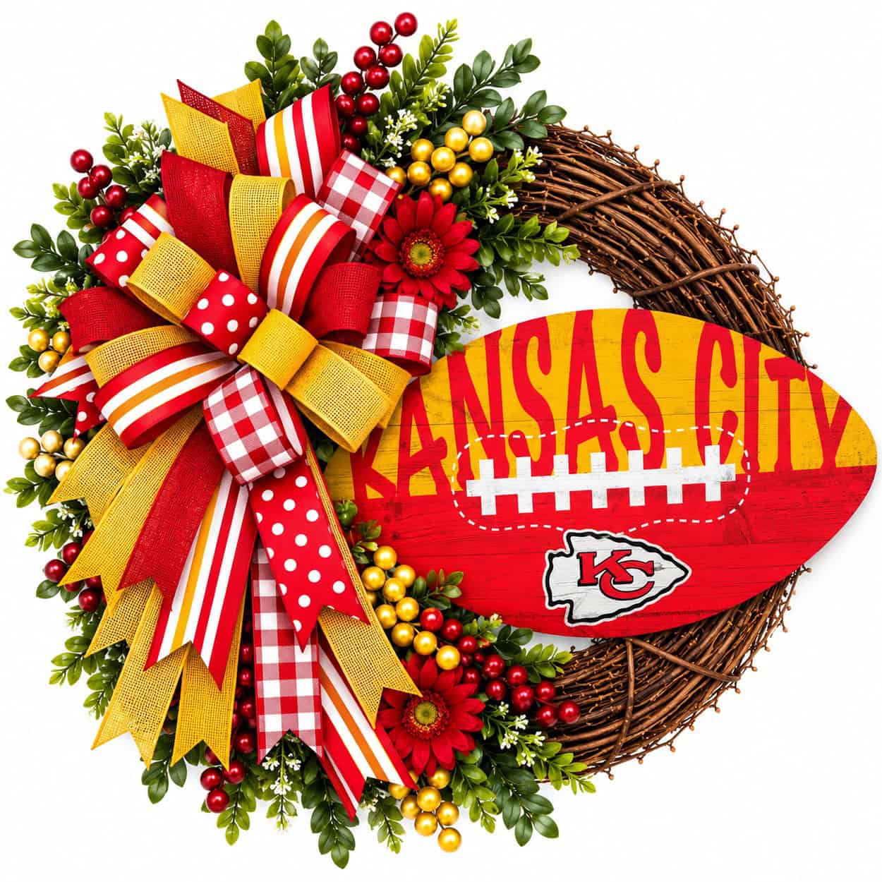 Kansas City Chiefs football grapevine wreath with coordinating team-color ribbon