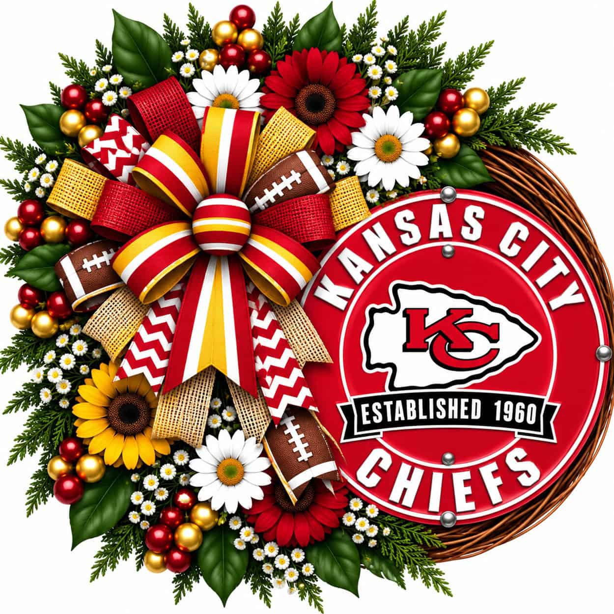 Kansas City Chiefs Round Metal Sign on a grapevine wreath