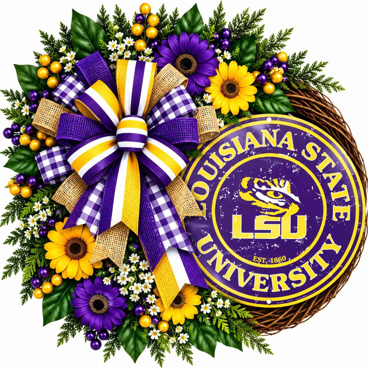 LSU Round Metal Sign on a grapevine wreath