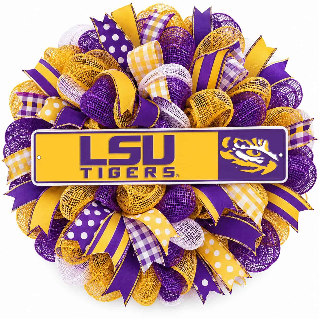 LSU Rectangle Sign Metal on a deco mesh wreath