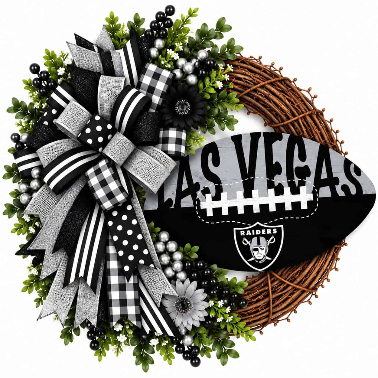 Las Vegas Raiders football grapevine wreath with coordinating team-color ribbon