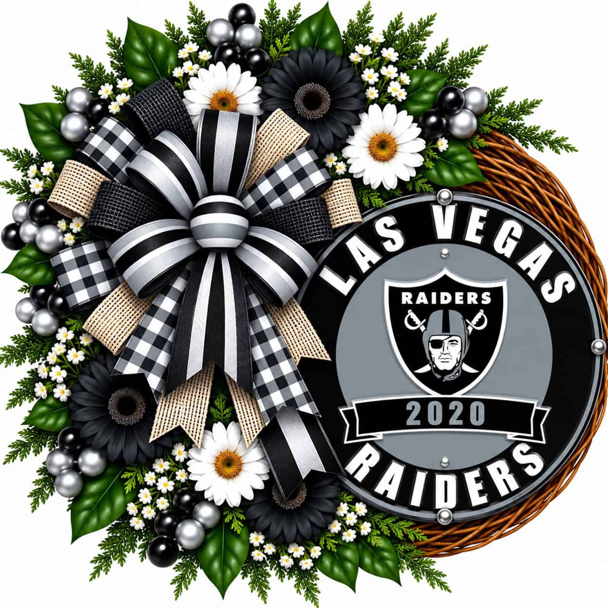Las Vegas Raiders Round Metal Sign on a grapevine wreath