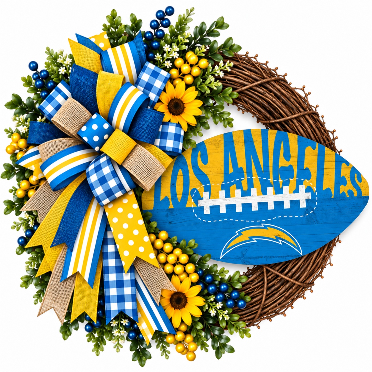 Los Angeles Chargers football grapevine wreath with coordinating team-color ribbon
