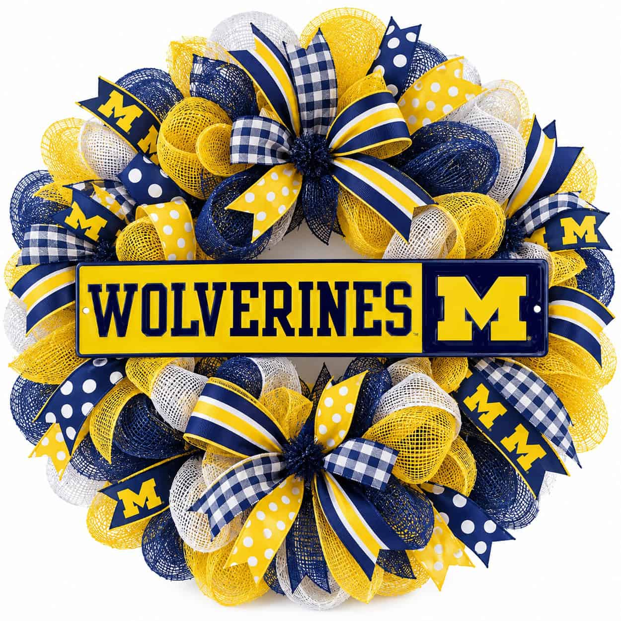 Michigan Wolverines Rectangle Sign Metal on a deco mesh wreath