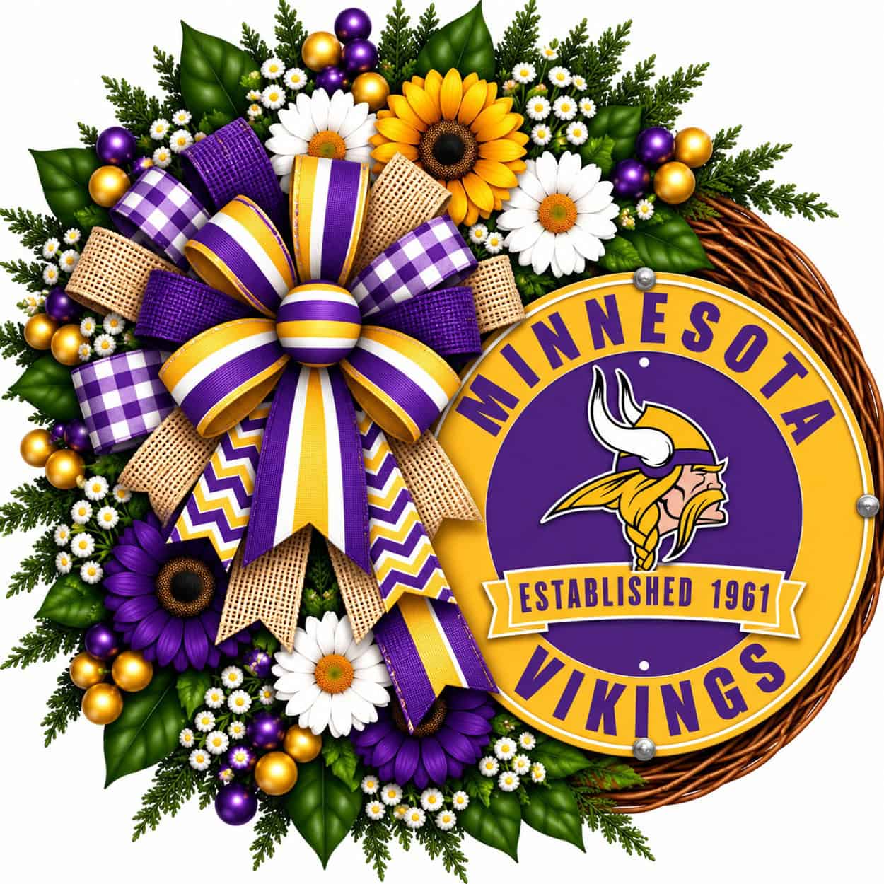 Minnesota Vikings Round Metal Sign on a grapevine wreath
