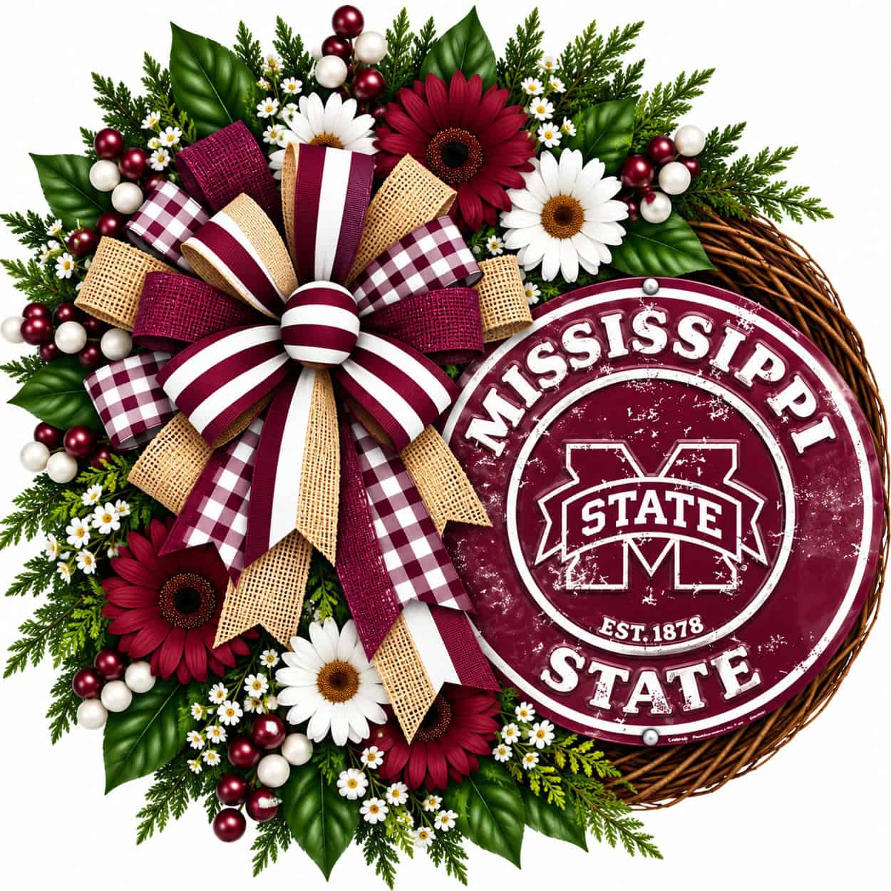 Mississippi State Round Metal Sign on a grapevine wreath