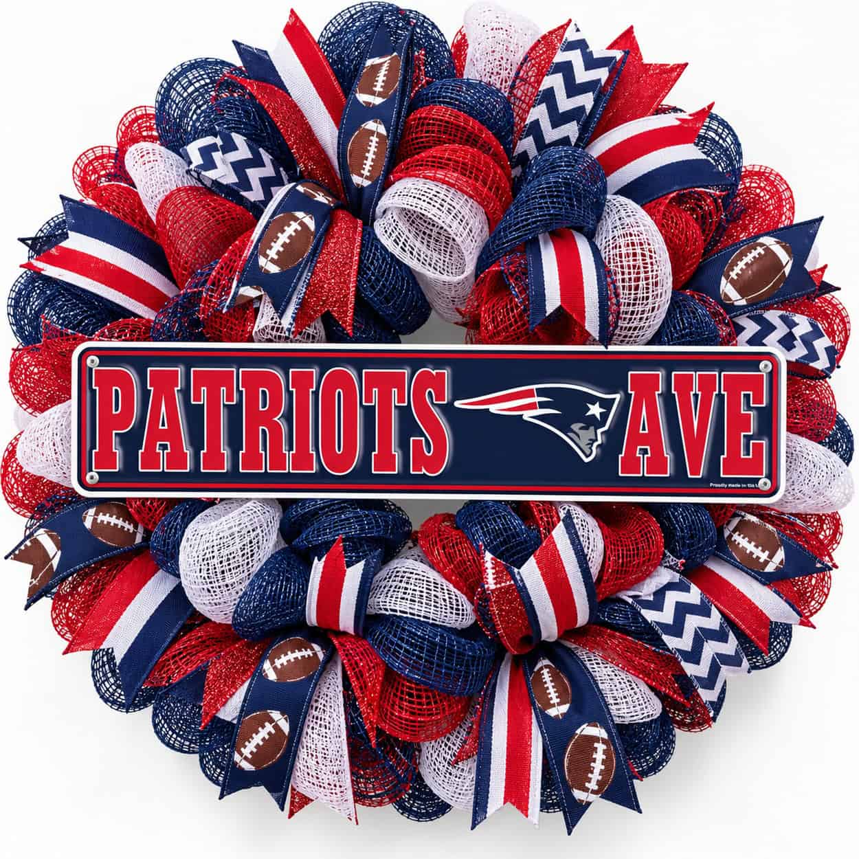 Patriots Rectangle Sign Metal on a deco mesh wreath