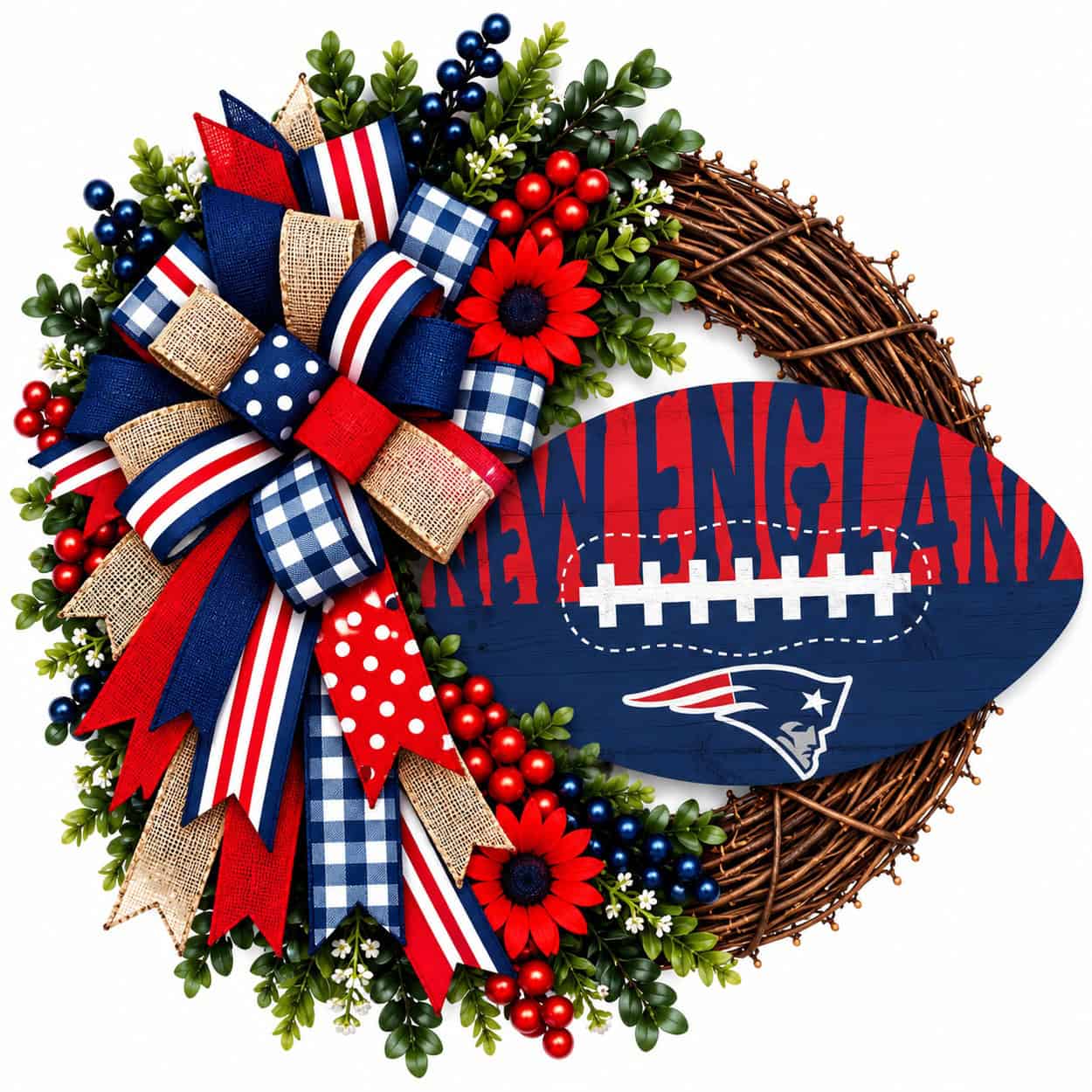 New England Patriots football grapevine wreath with coordinating team-color ribbon