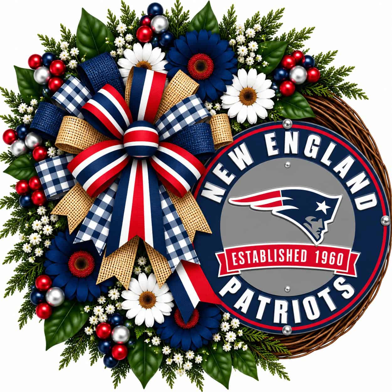New England Patriots Round Metal Sign on a grapevine wreath