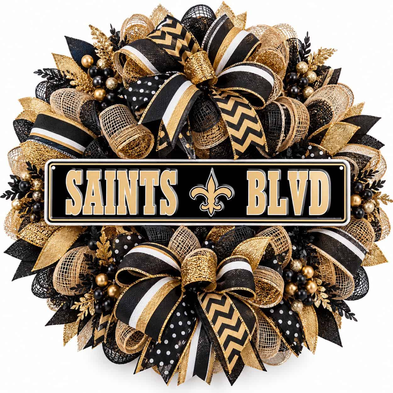 New Orleans Saints Rectangle Sign Metal on a deco mesh wreath