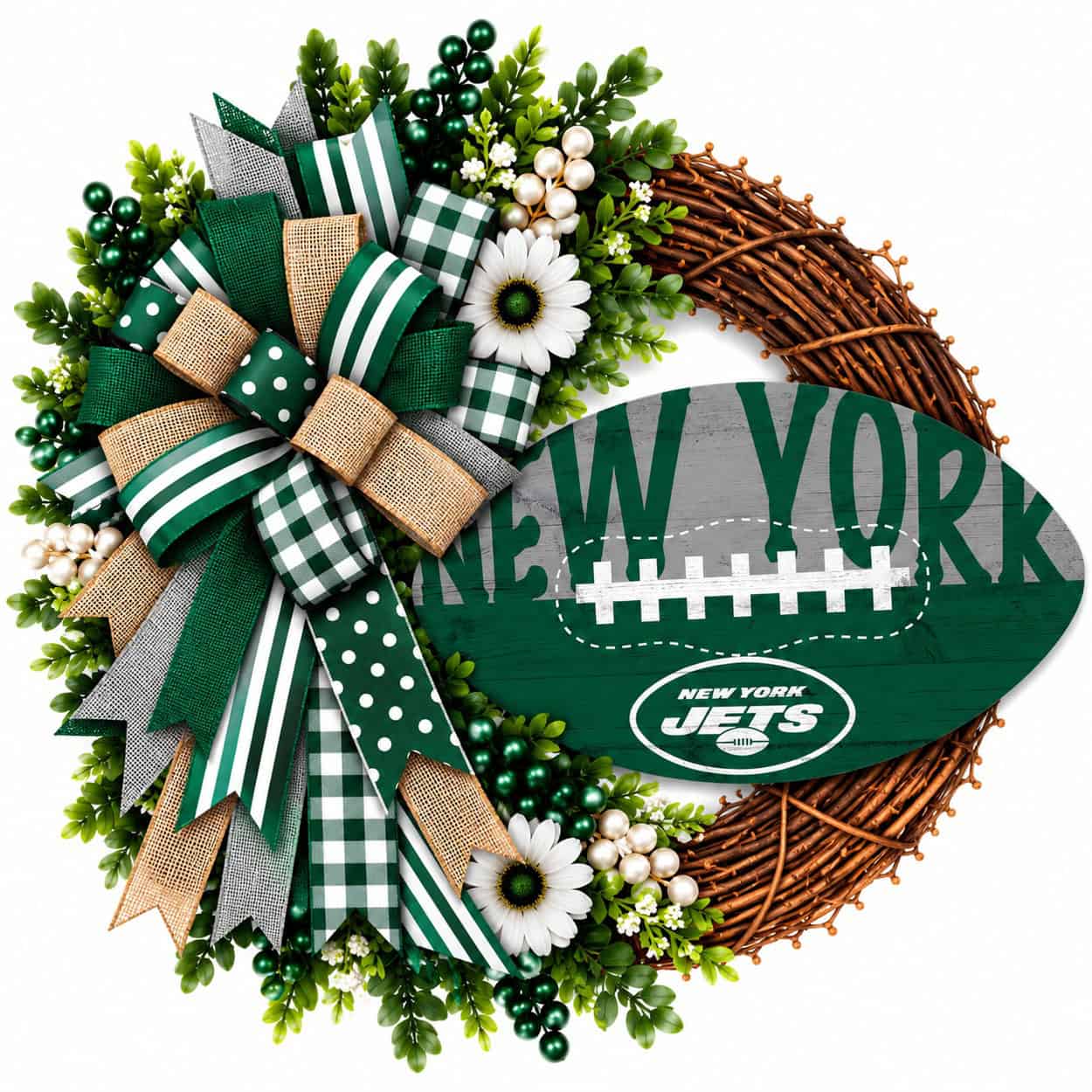 New York Jets football grapevine wreath with coordinating team-color ribbon