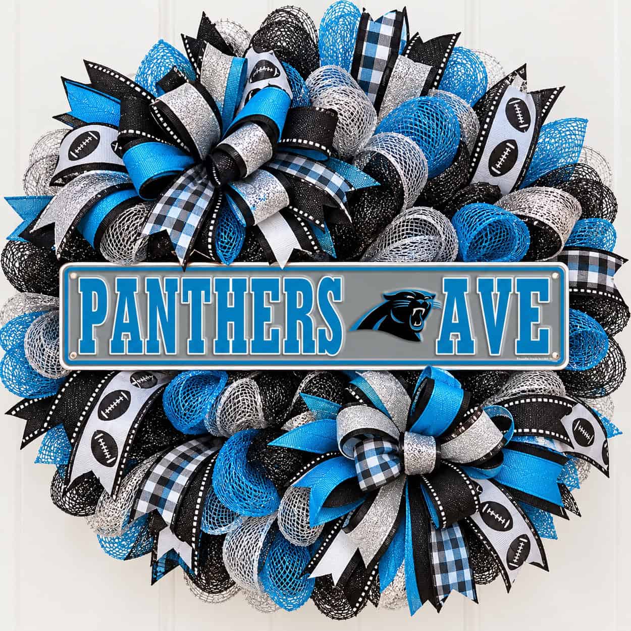 Carolina Panthers Rectangle Sign Metal on a deco mesh wreath