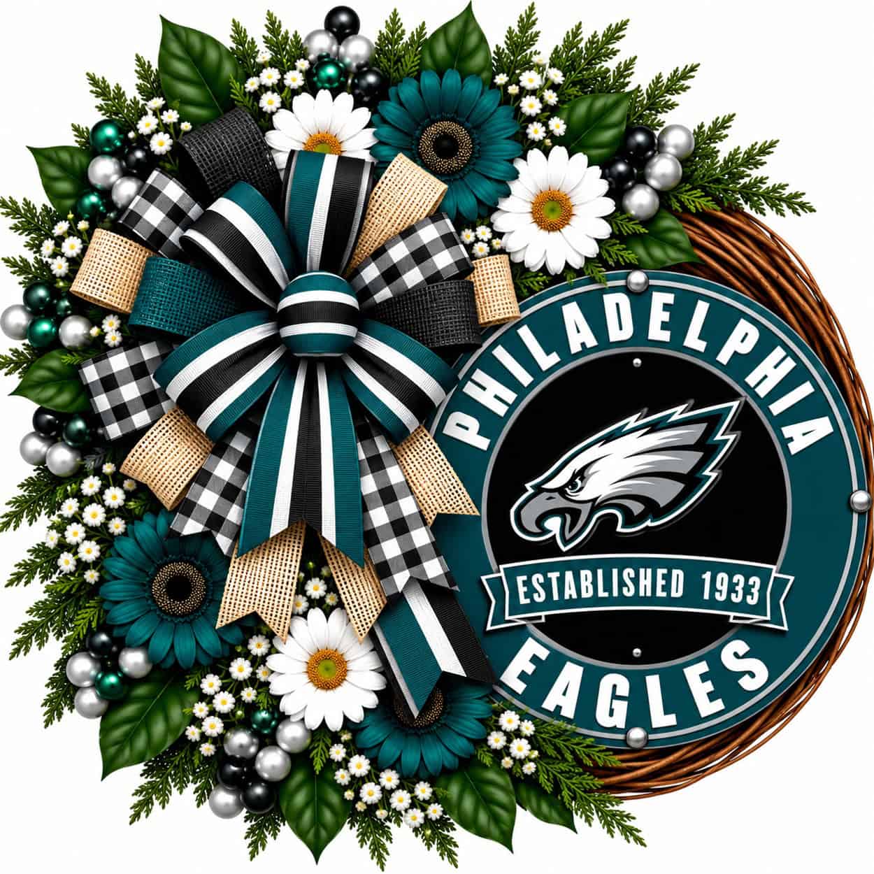 Philadelphia Eagles Round Metal Sign on a grapevine wreath