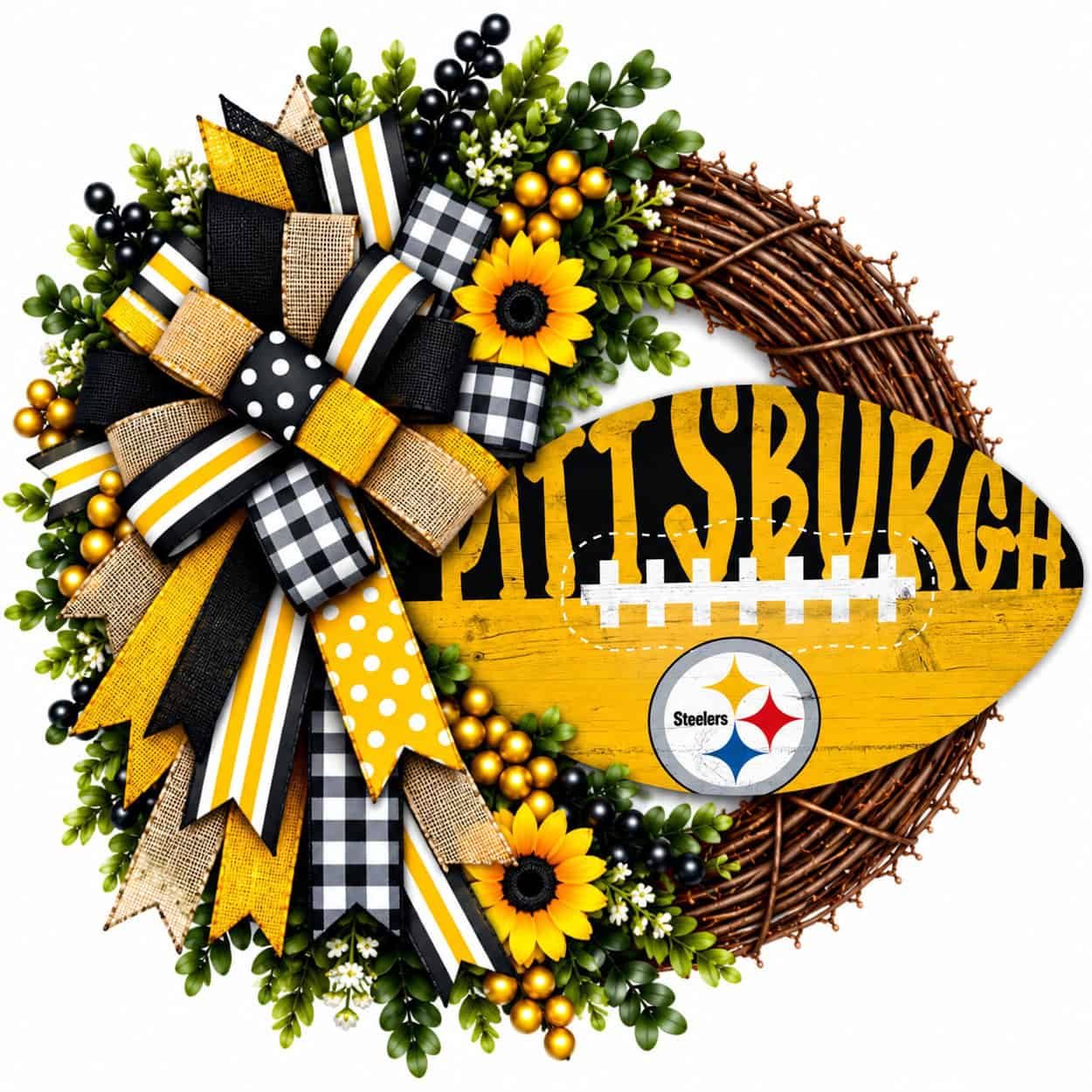 Pittsburgh Steelers football grapevine wreath with coordinating team-color ribbon