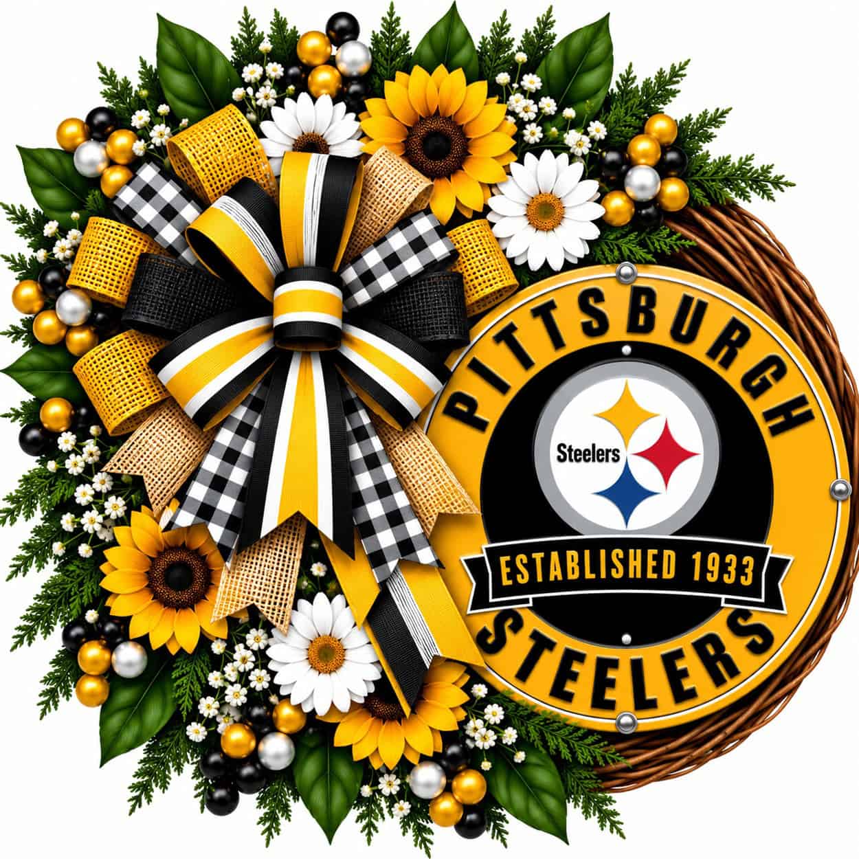 Pittsburgh Steelers Round Metal Sign on a grapevine wreath