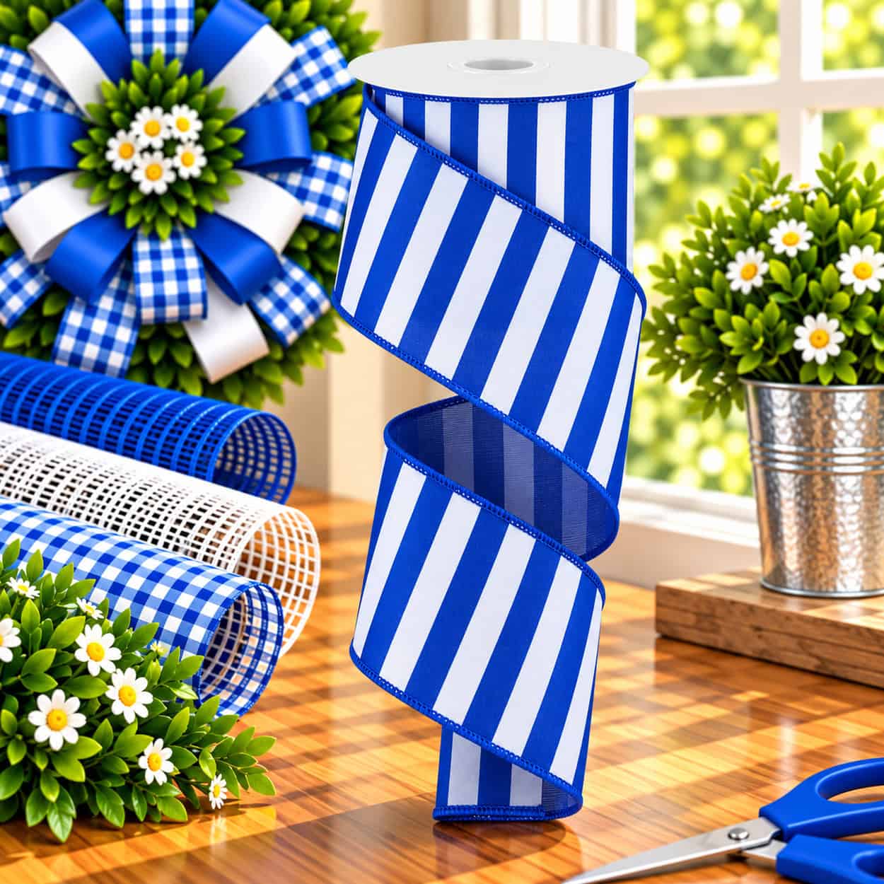 Royal Blue White Vertical Stripe Wired Ribbon Lifestyle RG0177825