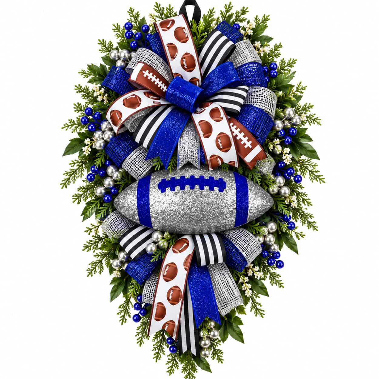 Silver Blue football teardrop wreath