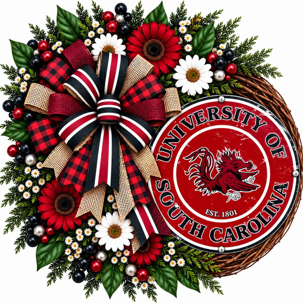 Gamecocks Round Metal Sign on a grapevine wreath