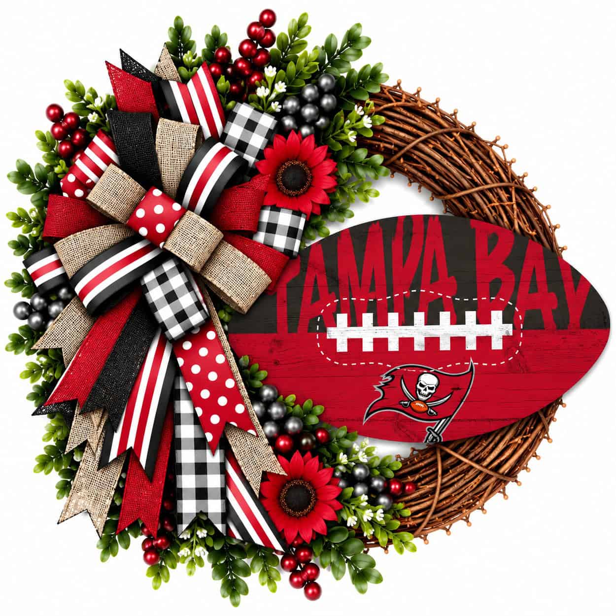 Tampa Bay Buccaneers football grapevine wreath with coordinating team-color ribbon