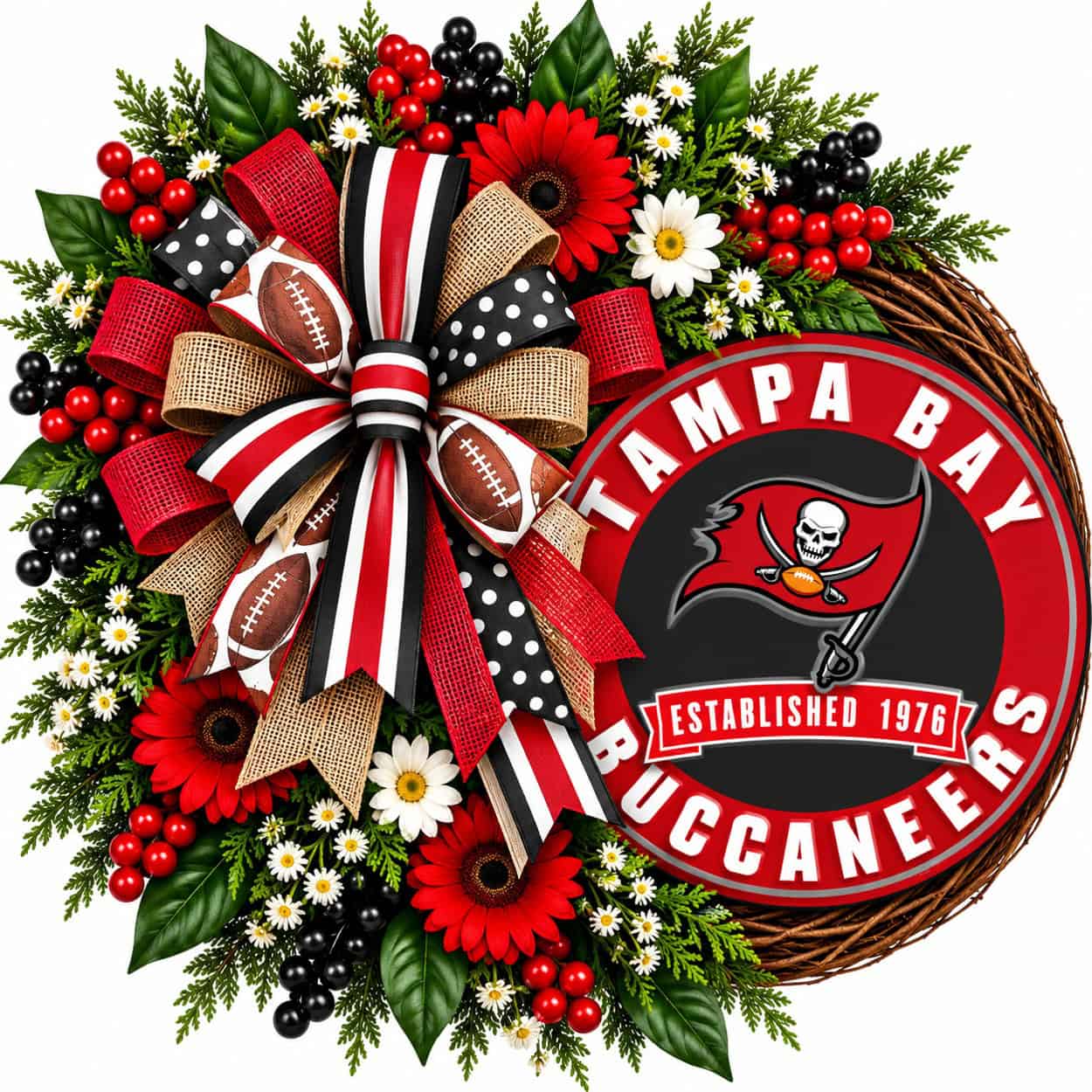 Tampa Bay Buccaneers Round Metal Sign on a grapevine wreath
