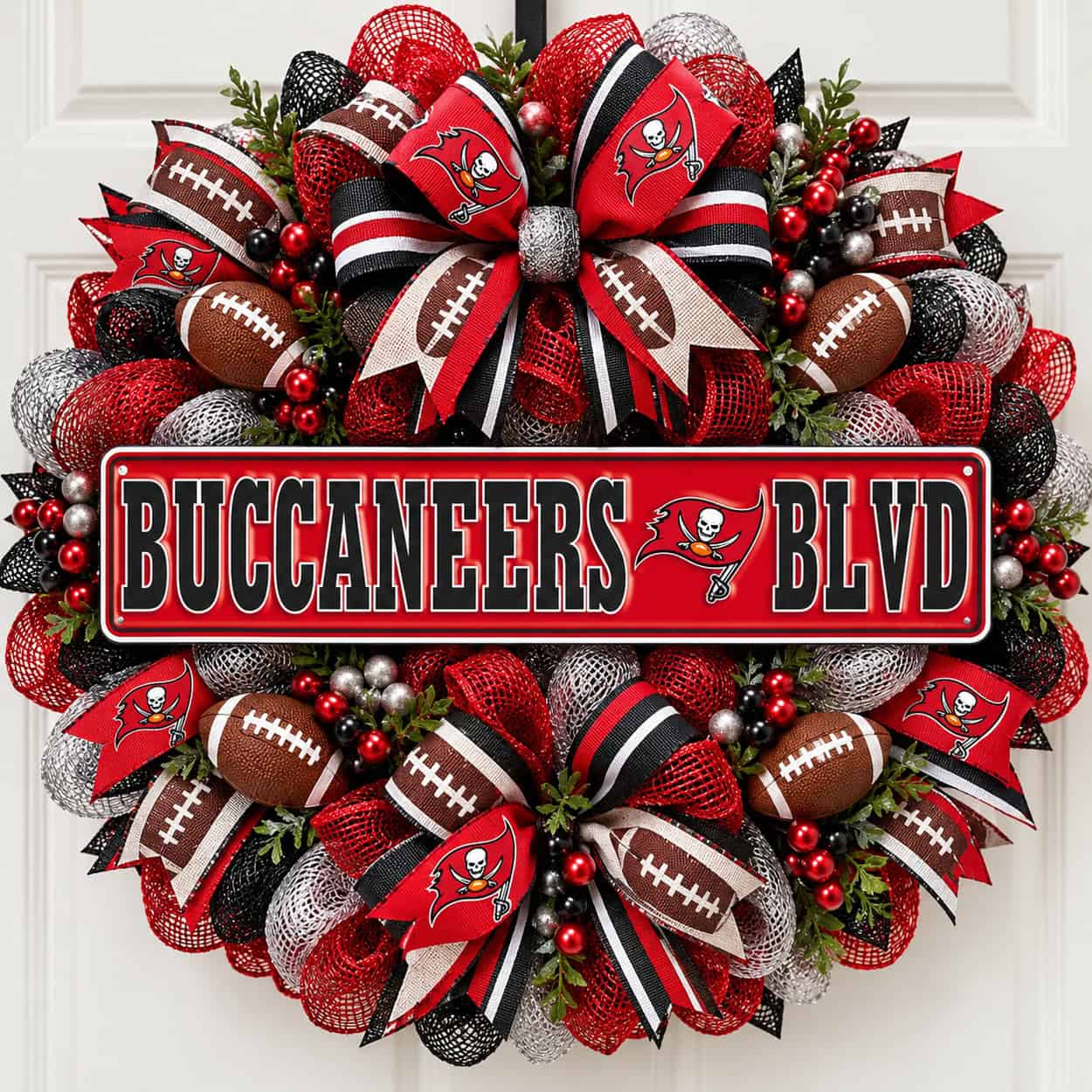 Buccaneers Rectangle Sign Metal on a deco mesh wreath