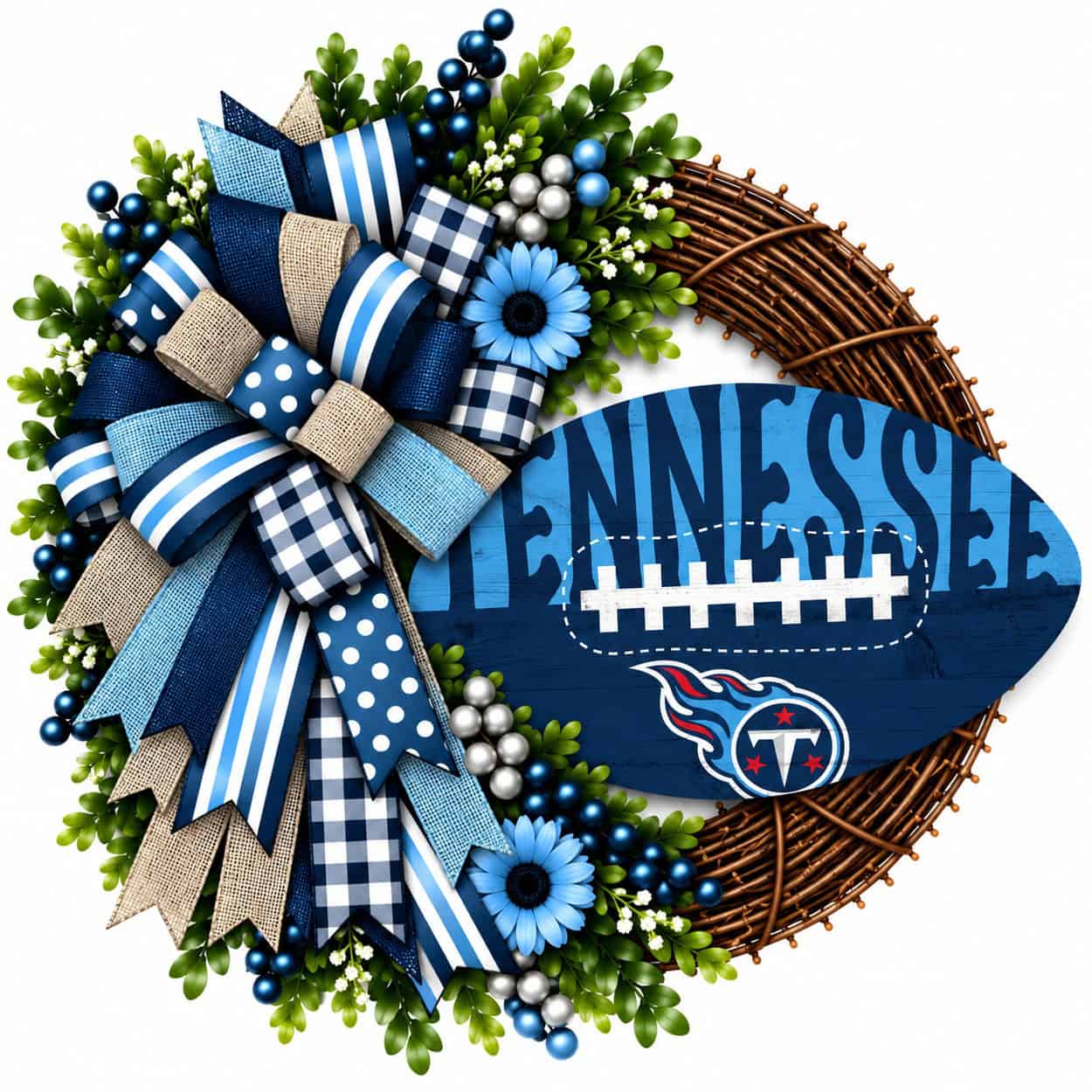 Tennessee Titans football grapevine wreath with coordinating team-color ribbon