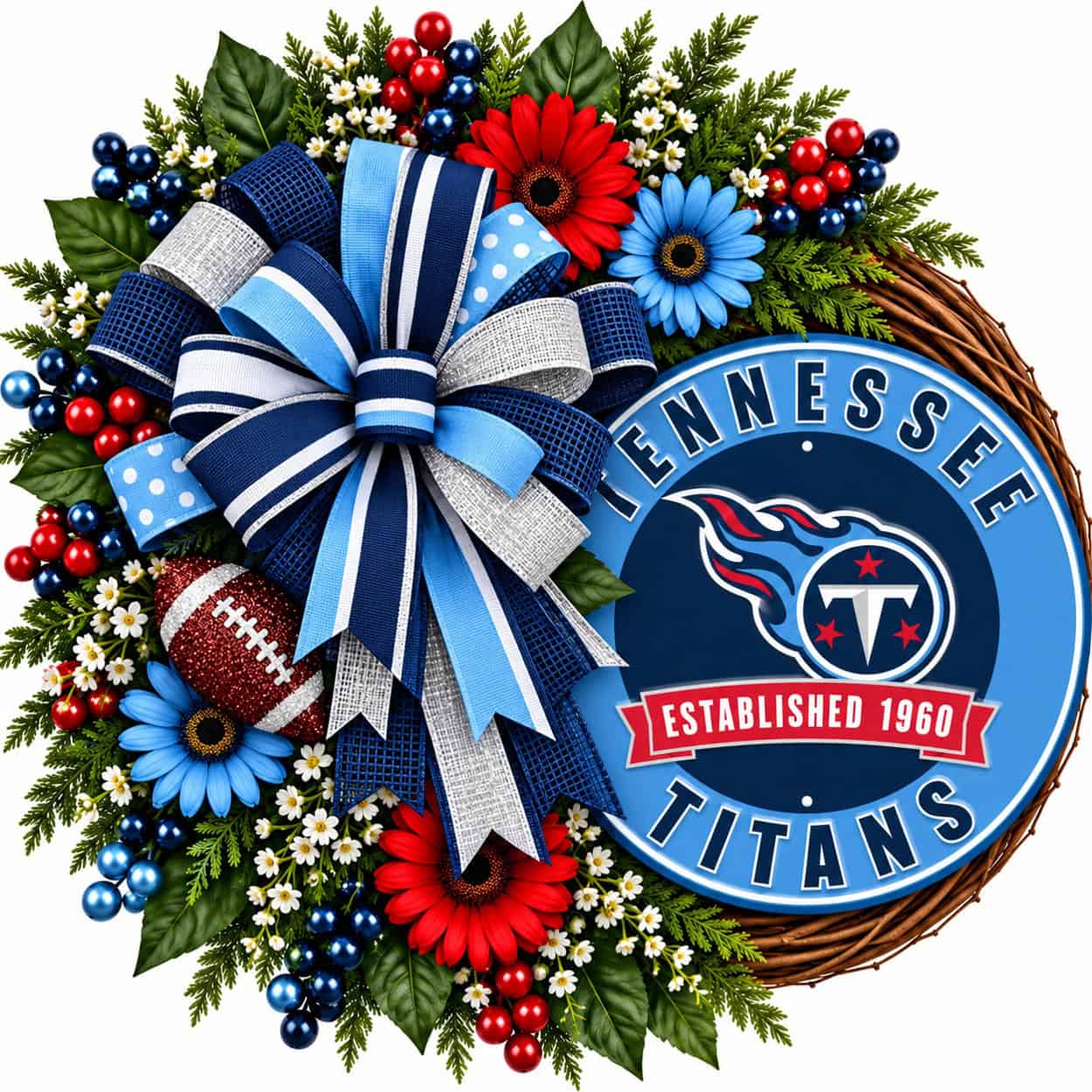 Tennessee Titans Round Metal Sign on a grapevine wreath