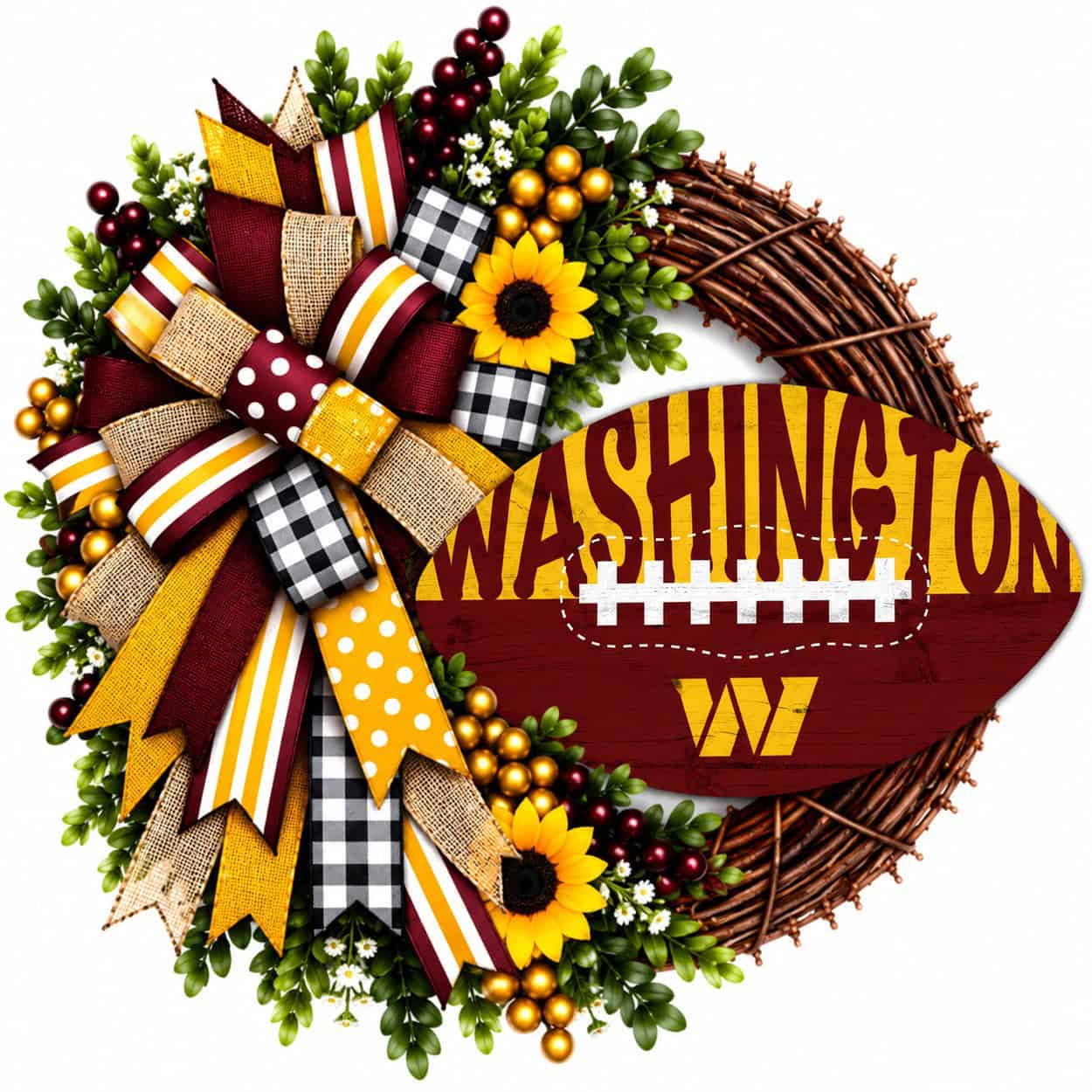 Washington Commanders football grapevine wreath with coordinating team-color ribbon