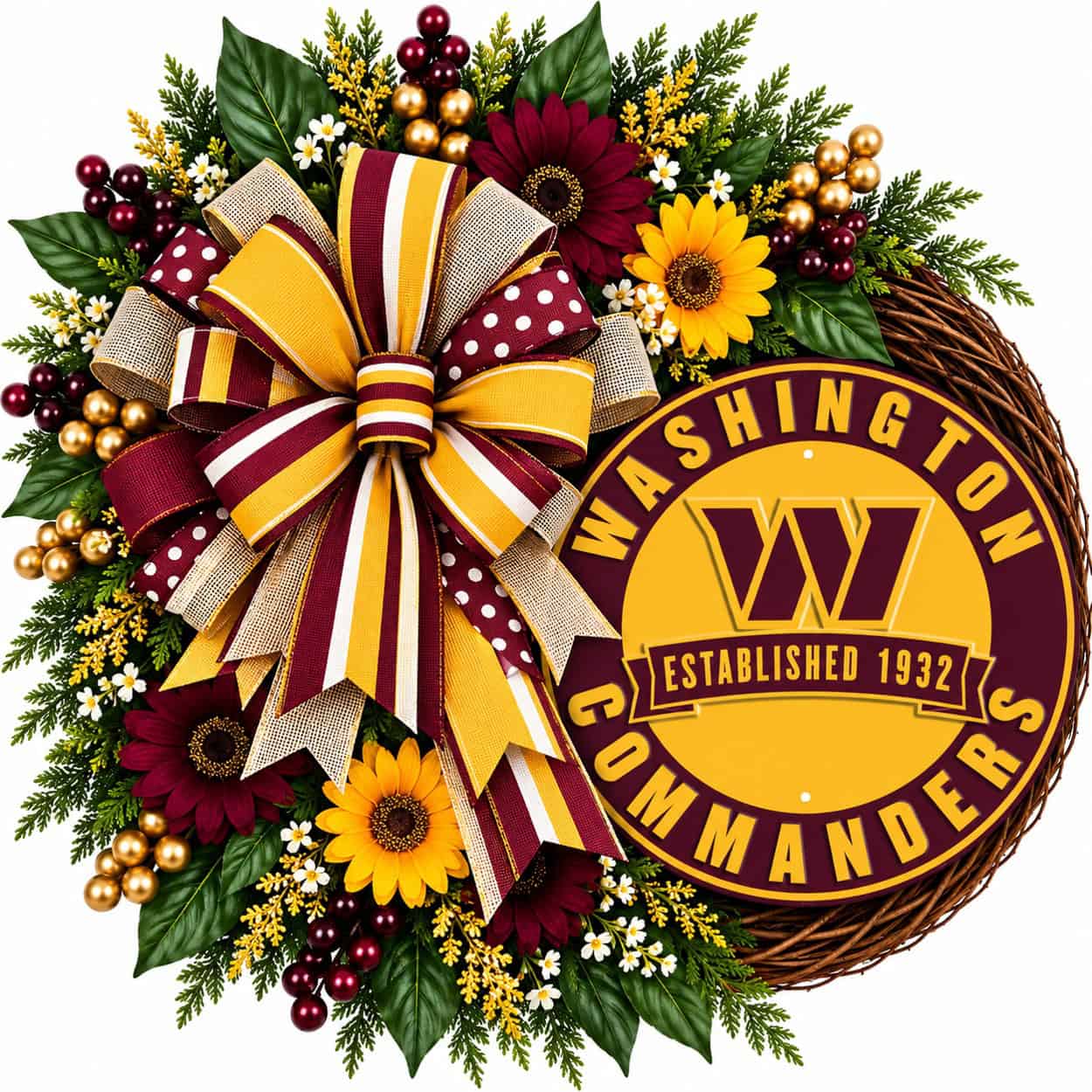 Washington Commanders Round Metal Sign on a grapevine wreath